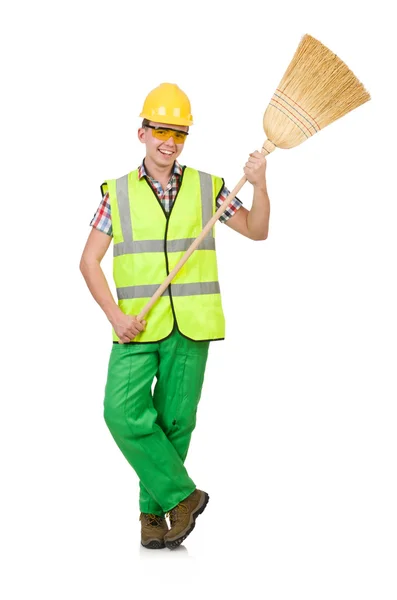 Funny janitor with broom — Stock Photo, Image