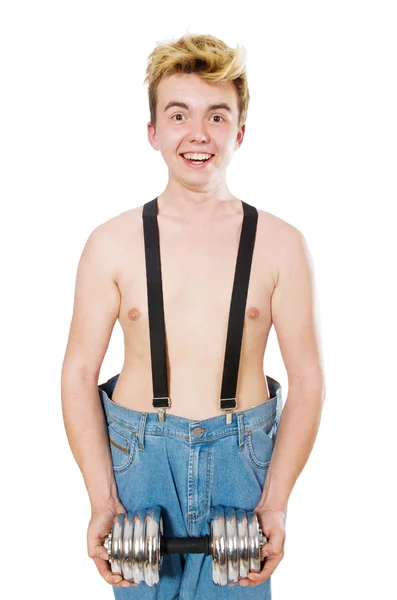 Grappige mens met halters — Stockfoto