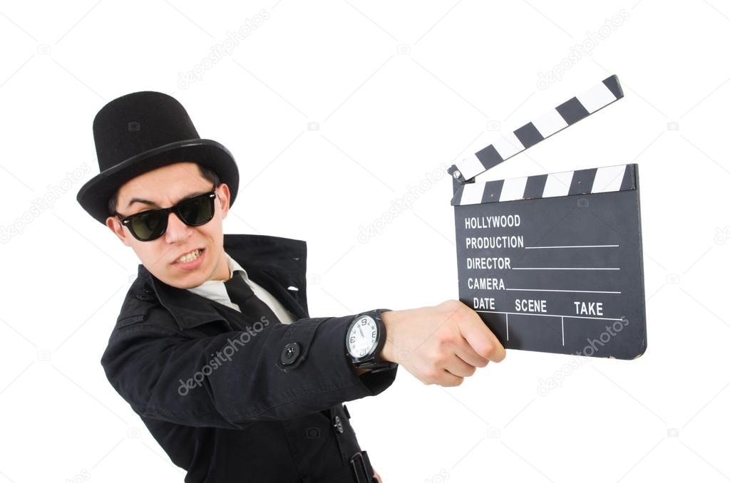 Man with movie clapper