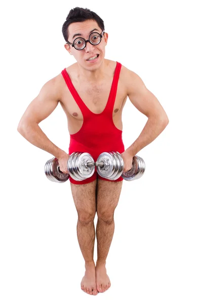 Funny guy with dumbbels — Stock Photo, Image
