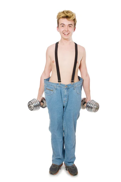 Funny man with dumbbells — Stock Photo, Image