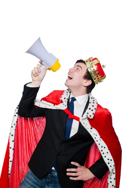 Man with crown and megaphone — Stock Photo, Image