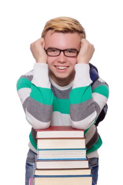 Öğrenci kitap yığını ile