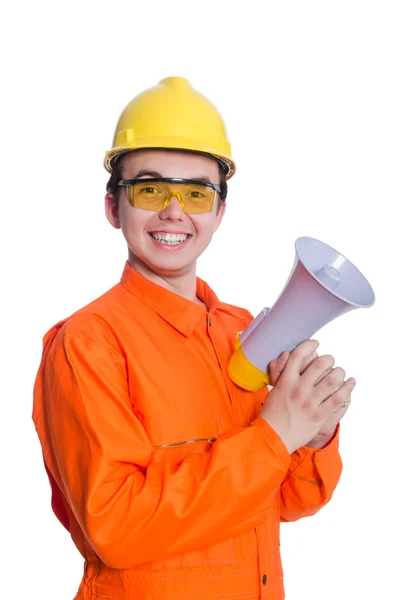 Builder with loudspeaker — Stock Photo, Image