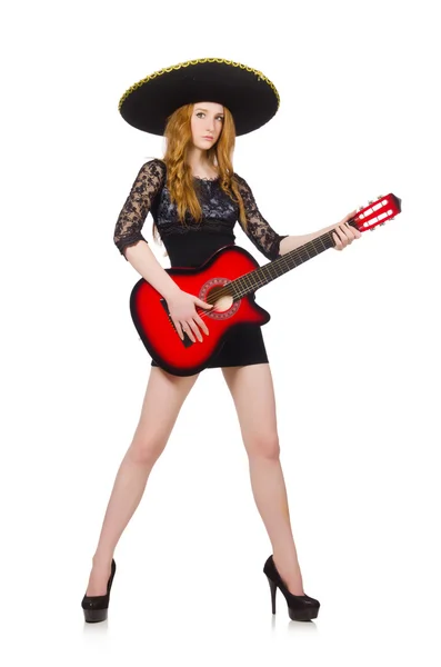 Woman in sombrero   with guitar — Stock Photo, Image