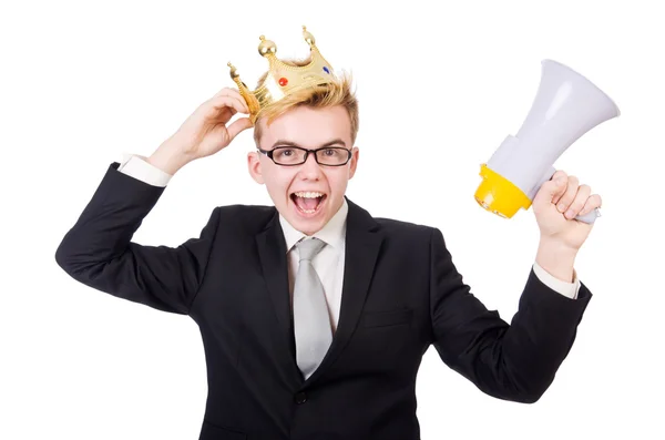 Man with crown and megaphone — Stock Photo, Image