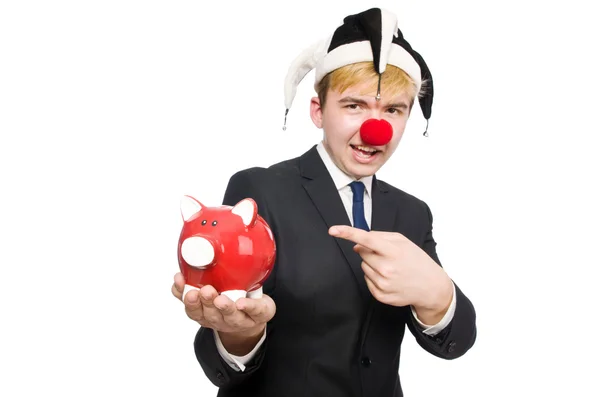 Clown met spaarpot — Stockfoto