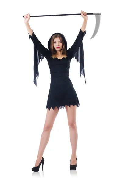 Vrouw in Halloween concept met zeis — Stockfoto