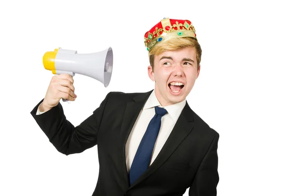 Man met kroon en megafoon — Stockfoto