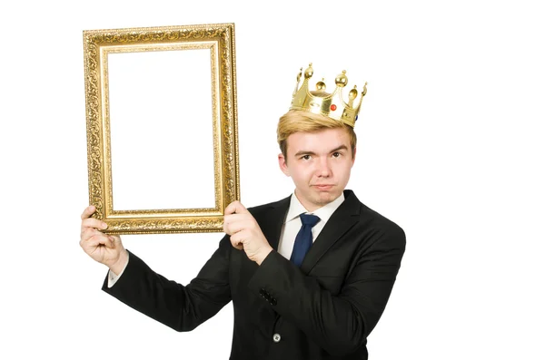 Businessman in crown with picture frame — Stock Photo, Image