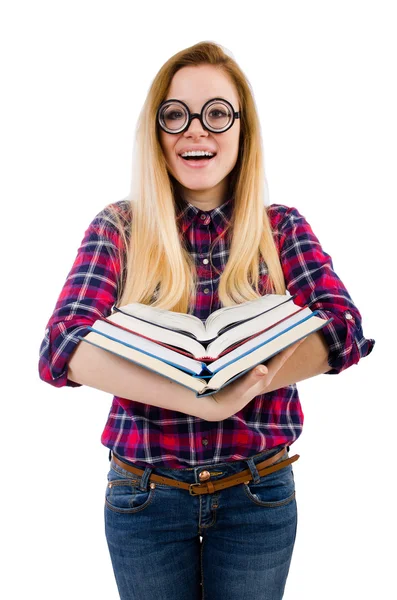 Grappige student met stapel boeken — Stockfoto