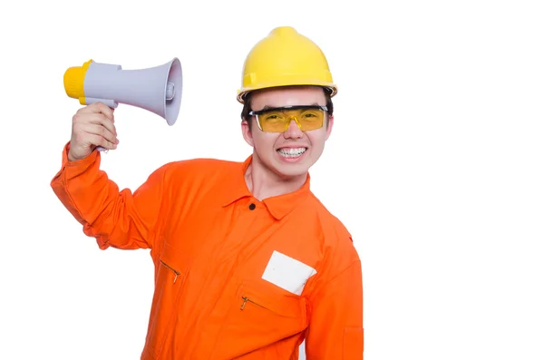 Builder with loudspeaker — Stock Photo, Image