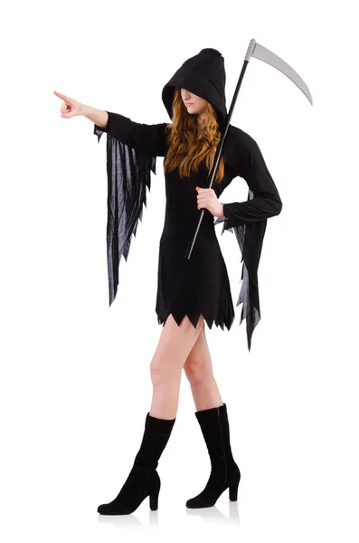 Young witch with scythe — Stock Photo, Image