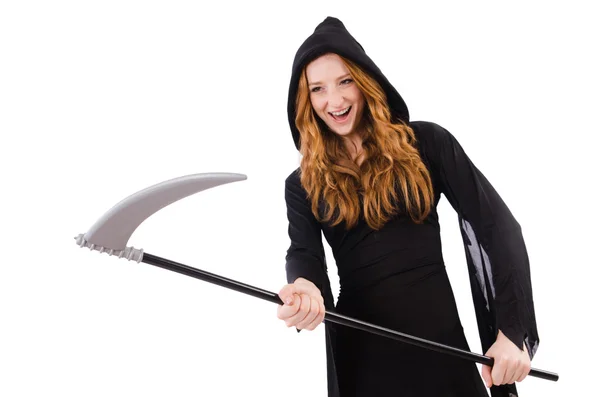 Young witch with scythe — Stock Photo, Image