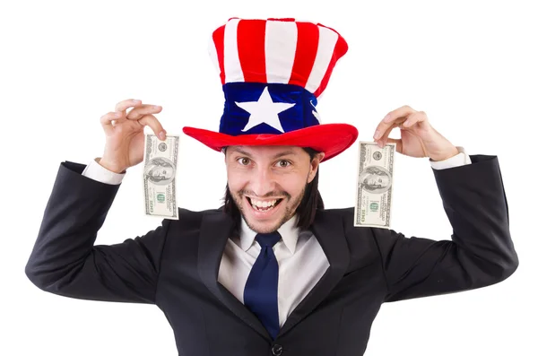 Hombre con dólar americano y sombrero — Foto de Stock