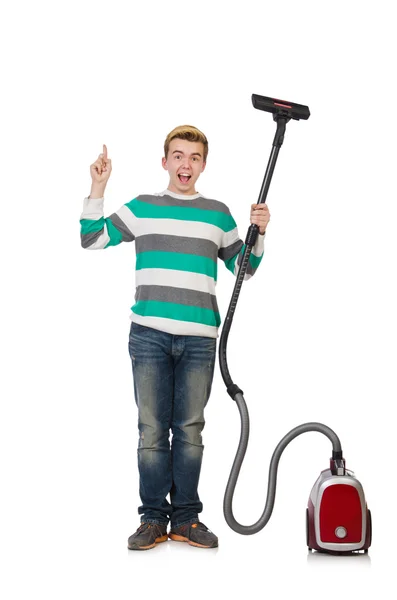 Funny man with vacuum cleaner — Stock Photo, Image