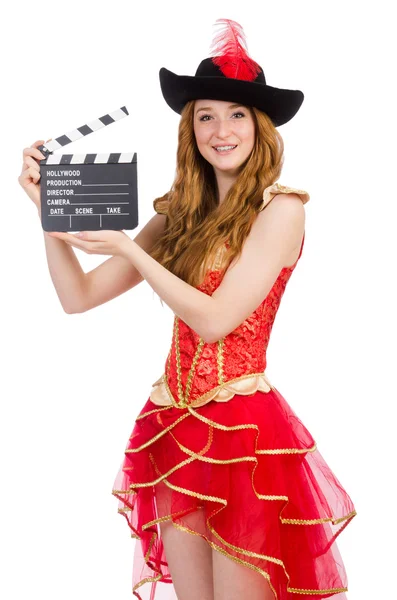 Woman pirate with movie board — Stock Photo, Image