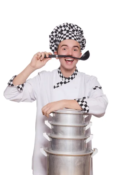 Cook with stack of pots — Stock Photo, Image