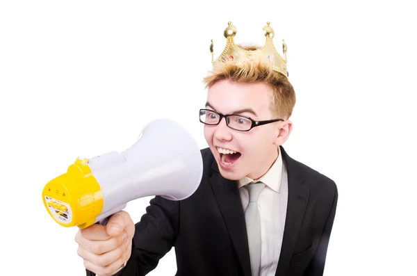 Homme avec couronne et mégaphone — Photo