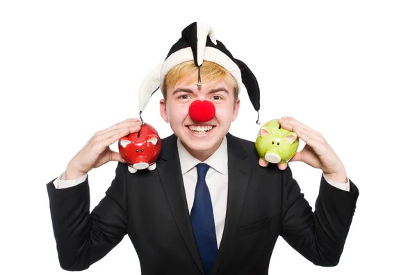 Clown met spaarpot — Stockfoto