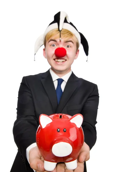 Clown med piggybank — Stockfoto