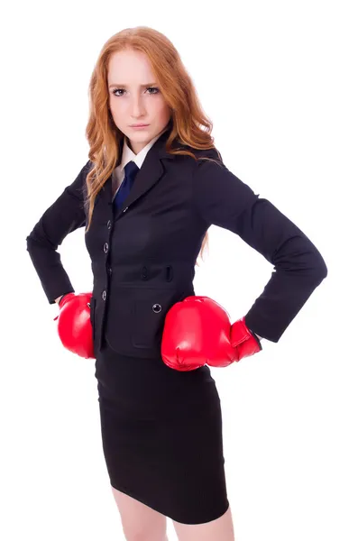 Businesswoman with boxing gloves — Stock Photo, Image