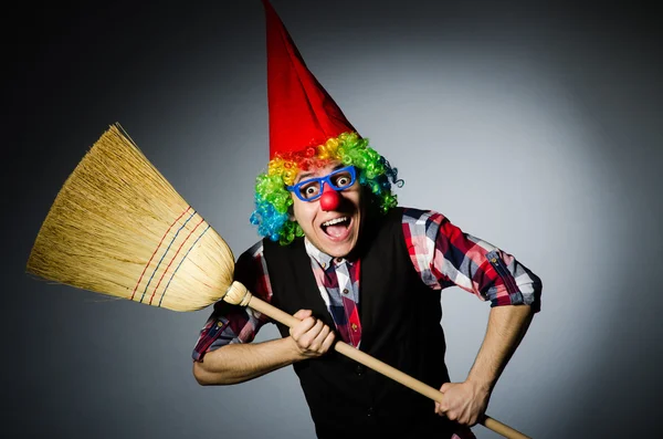 Funny clown with the broom — Stock Photo, Image