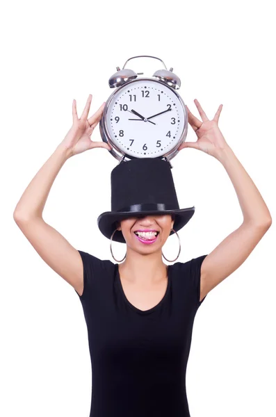 Jeune femme avec horloge isolée sur blanc — Photo