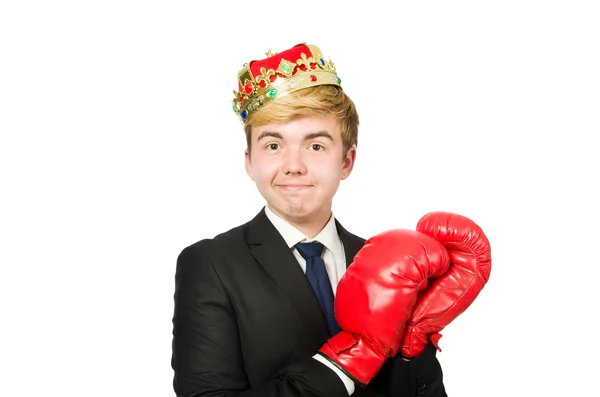 Zakenman met kroon en bokshandschoenen — Stockfoto