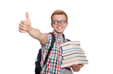 Öğrenci kitap yığını ile