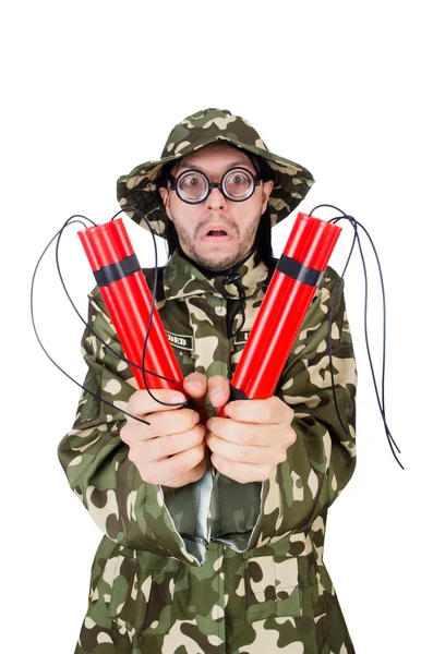 Funny soldier with dynamite — Stock Photo, Image