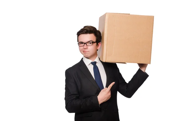 Hombre divertido con caja aislada en blanco —  Fotos de Stock