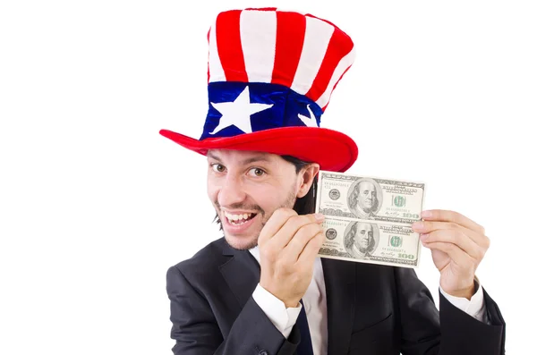 Hombre con dólar americano y sombrero — Foto de Stock