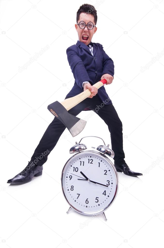 Funny man with axe and clock
