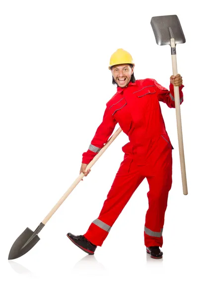 Homem de macacão vermelho com pá — Fotografia de Stock