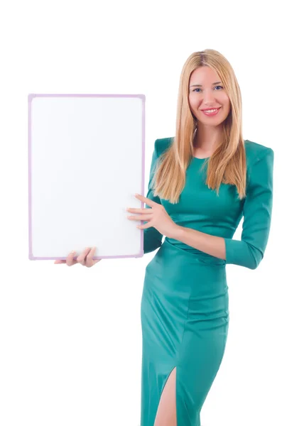 Woman in green dress with blank board — Stock Photo, Image