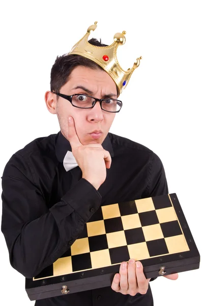 Funny chess player in crown — Stock Photo, Image