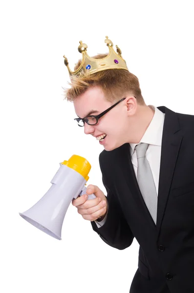 Людина з короною і мегафоном — стокове фото