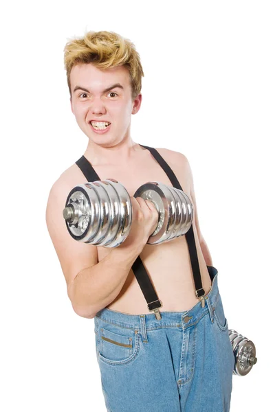 Funny man with dumbbells — Stock Photo, Image