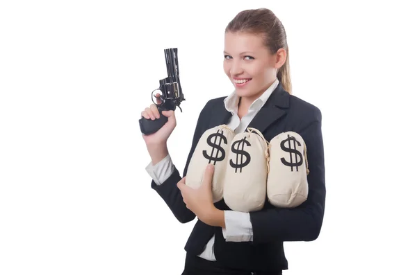 Vrouw gangster met pistool en geld — Stockfoto