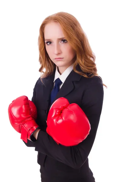 Businesswoman with boxing gloves — Stock Photo, Image