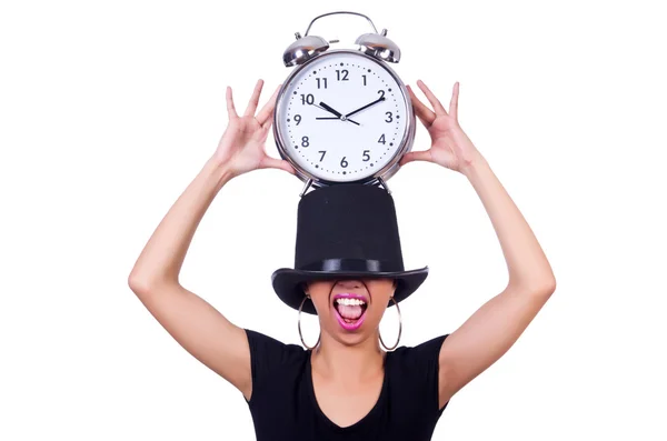 Mujer joven con reloj aislado en blanco — Foto de Stock