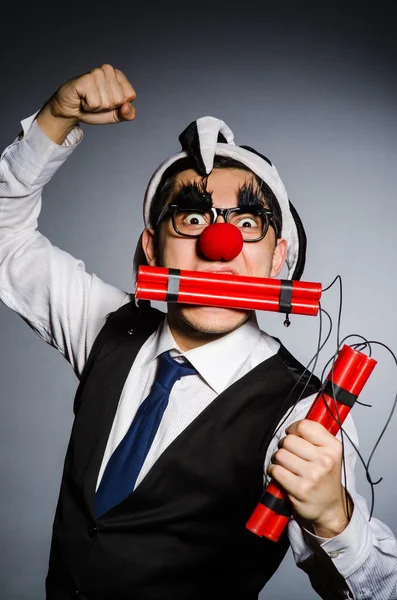 Funny clown with sticks of dynamite — Stock Photo, Image