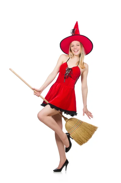 Witch in red dress with broom — Stock Photo, Image