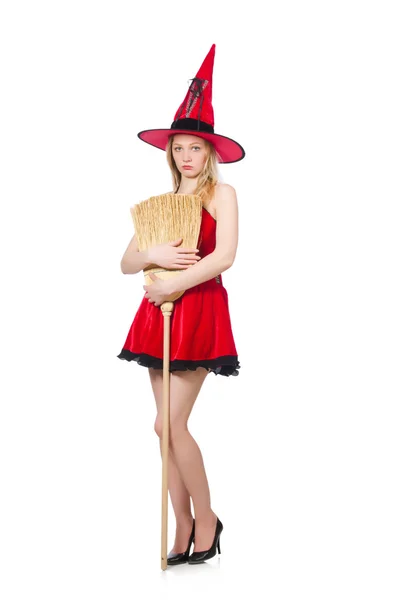 Süpürge ile Kırmızı elbiseli cadı — Stok fotoğraf