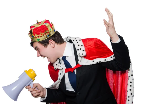 Mann mit Krone und Megafon — Stockfoto