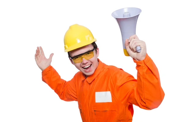 Builder with loudspeaker — Stock Photo, Image