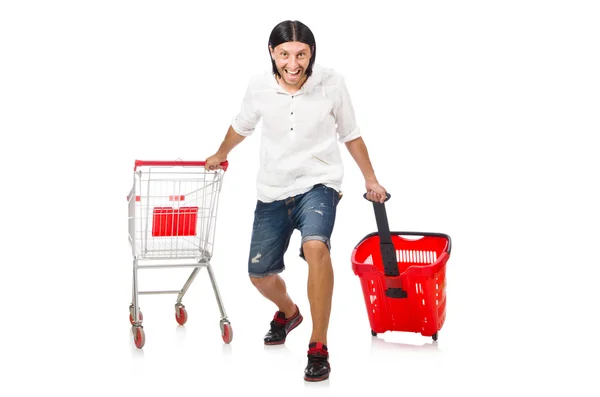 Man shopping with supermarket basket cart isolated on white — Stock Photo, Image