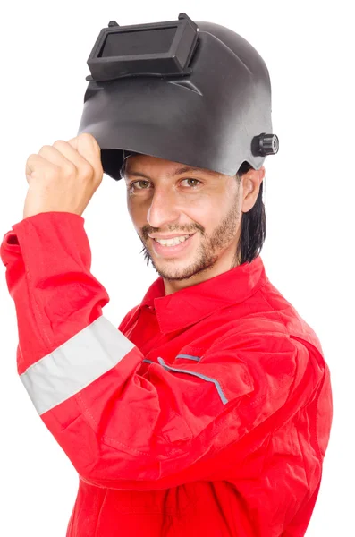 Welder in red overalls — Stock Photo, Image