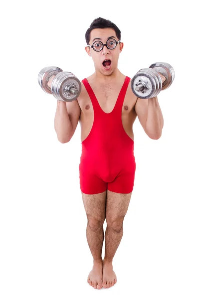 Funny guy with dumbbels — Stock Photo, Image